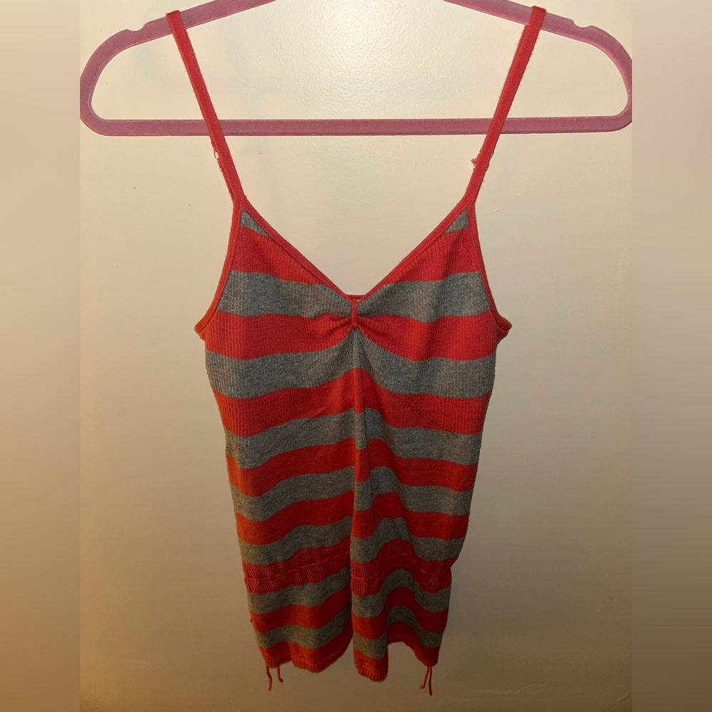 Y2K Levi's Red Tab Striped Cotton V-Neck Cami Tank w Side Ties & Crochet Details